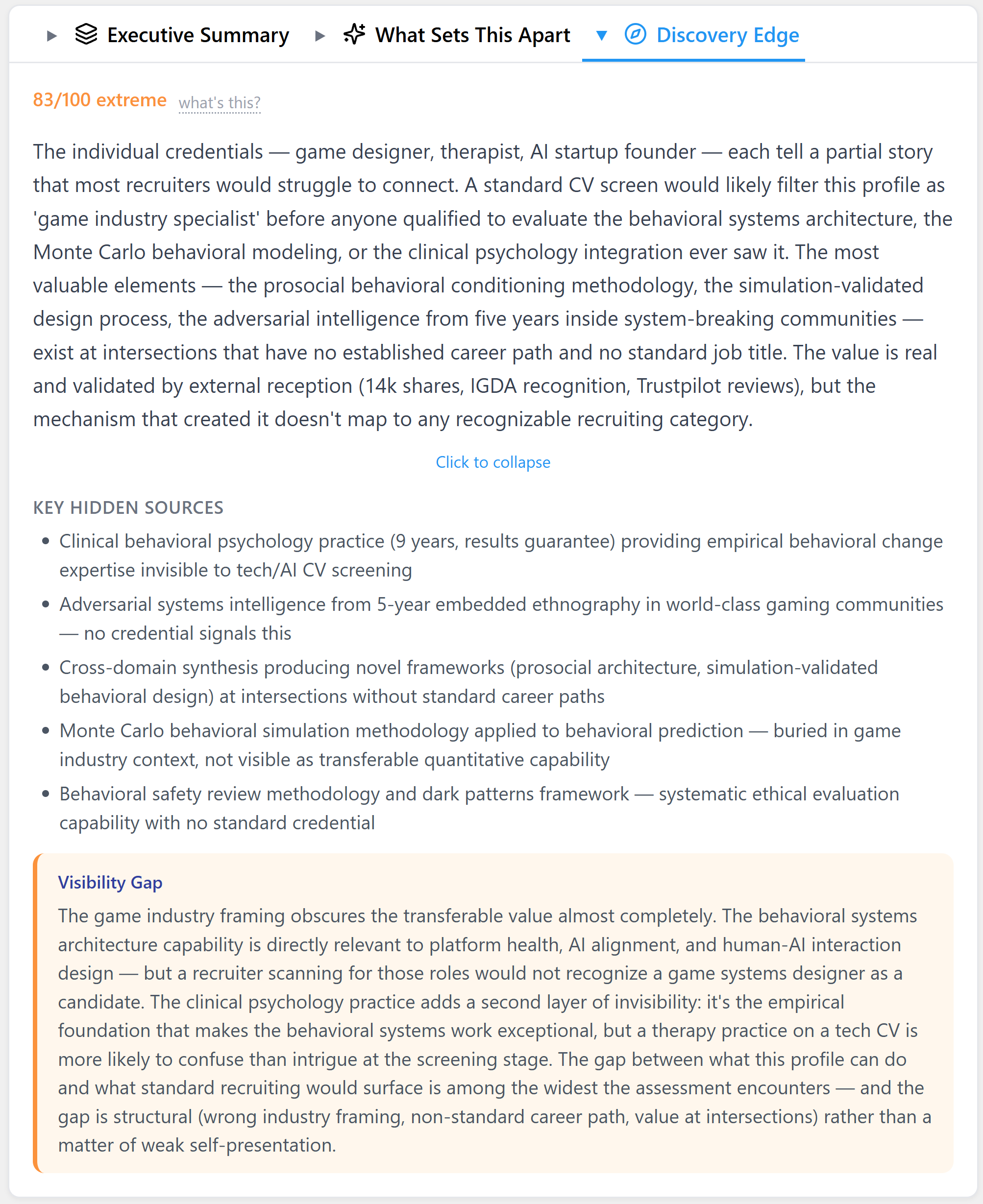 Discovery Edge section scored 83/100 'extreme'. Narrative describes how a standard CV screen would filter this profile as a 'game industry specialist' before anyone qualified to evaluate the transferable capabilities ever saw it. Includes Visibility Gap callout and Key Hidden Sources list.